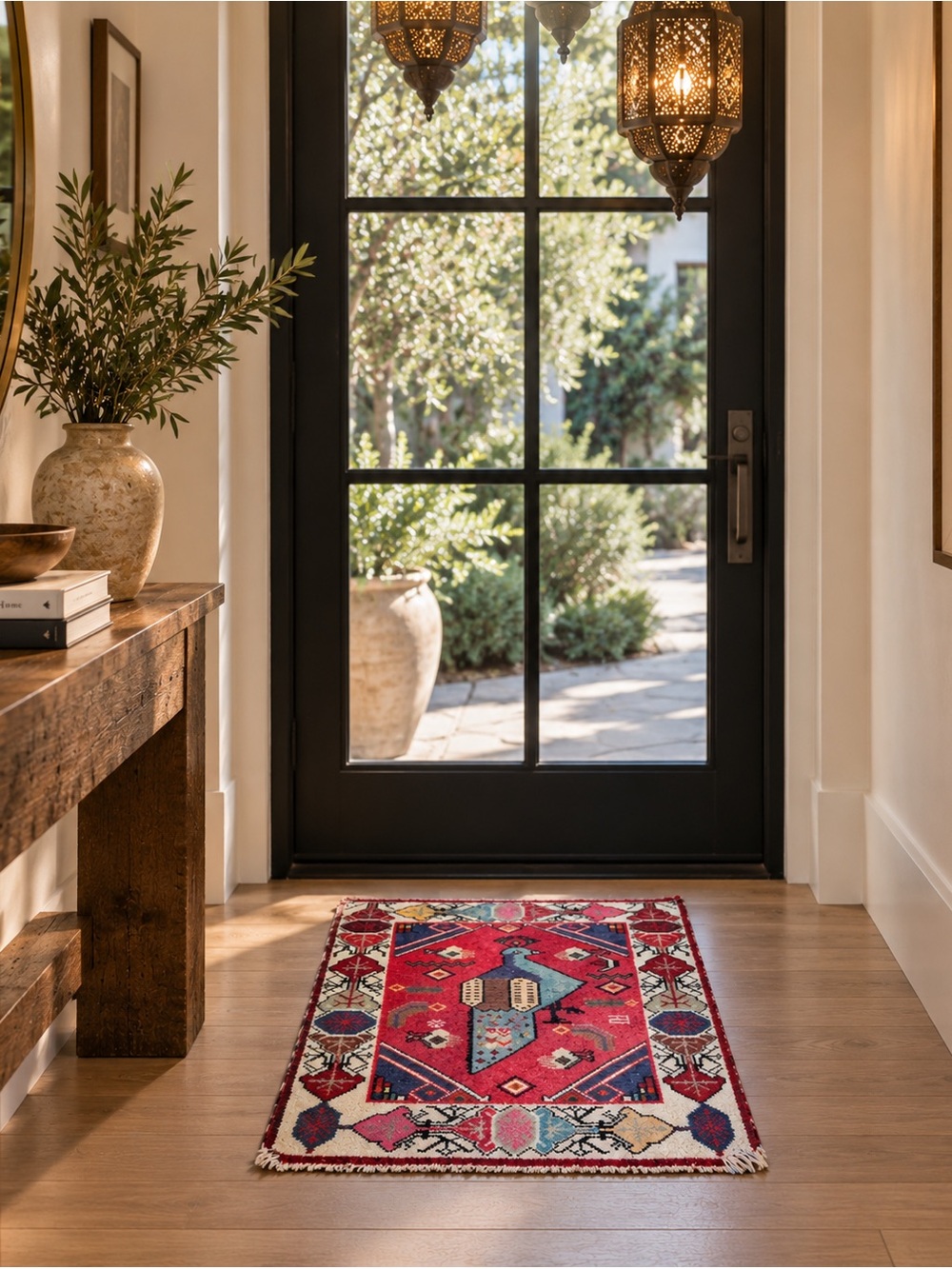 Vintage Peacock Bird Accent Rug Red Blue Boho Persian 26x40